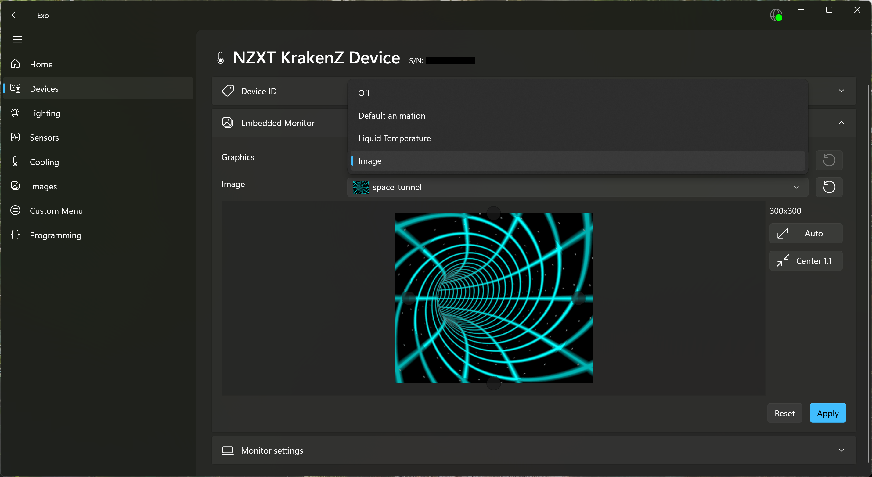 Screenshot of a Device page, showing Embedded Monitor settings
