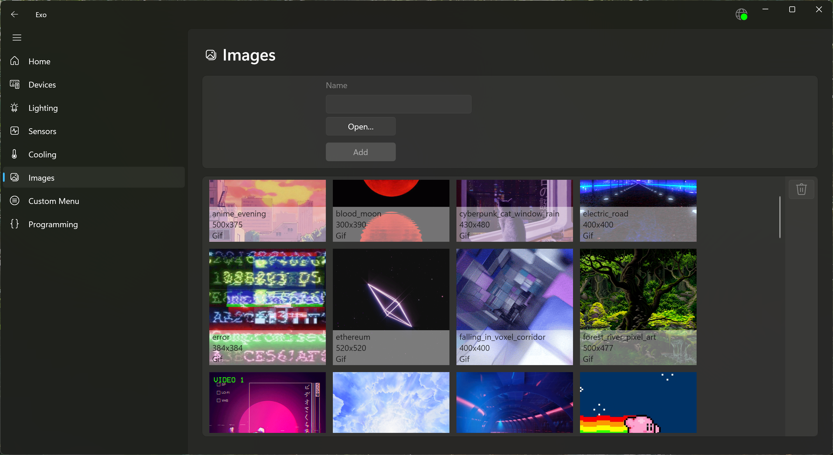Screenshot of a the Images page, showing the image library