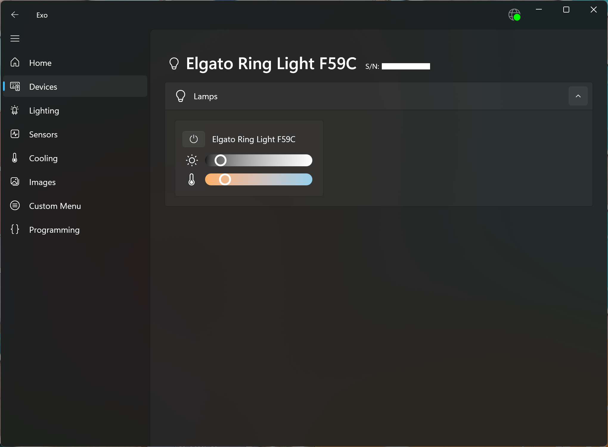Screenshot of a Device page, showing Lamp settings