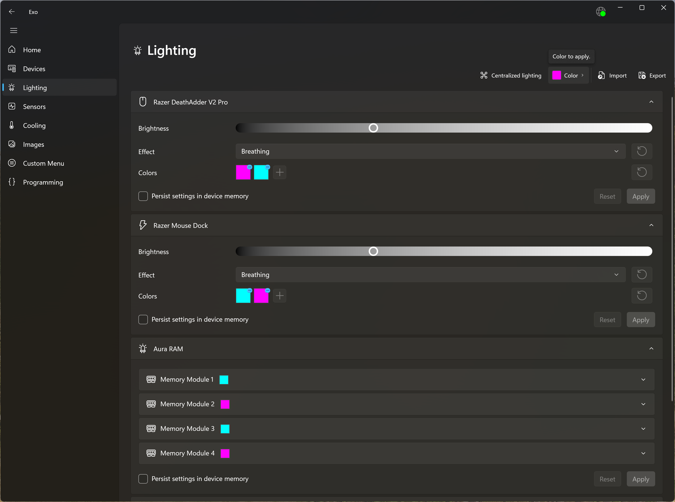 Screenshot of the Lighting page, showing RGB RAM settings
