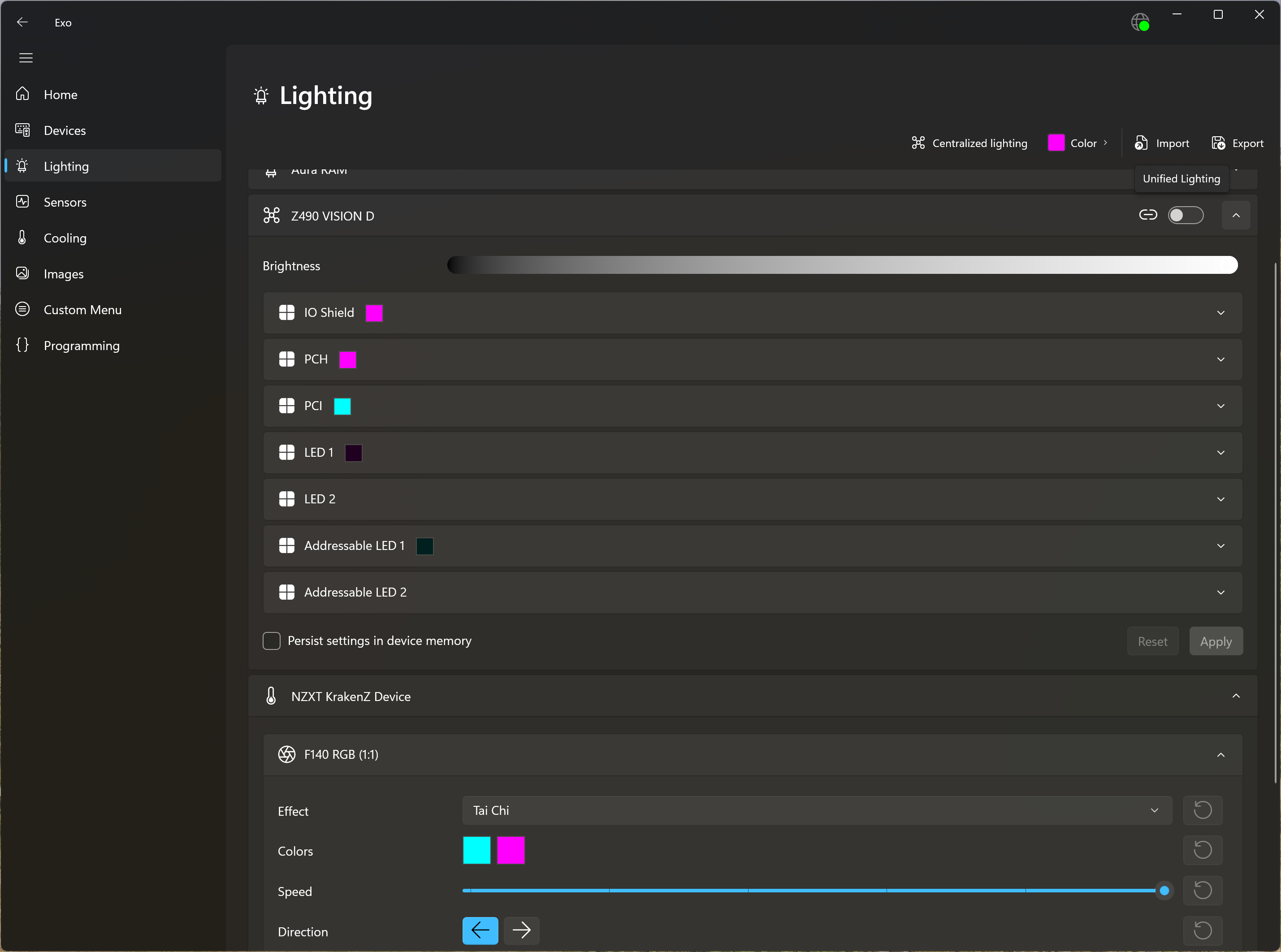 Screenshot of the Lighting page, showing a motherboard with multiple lighting zones
