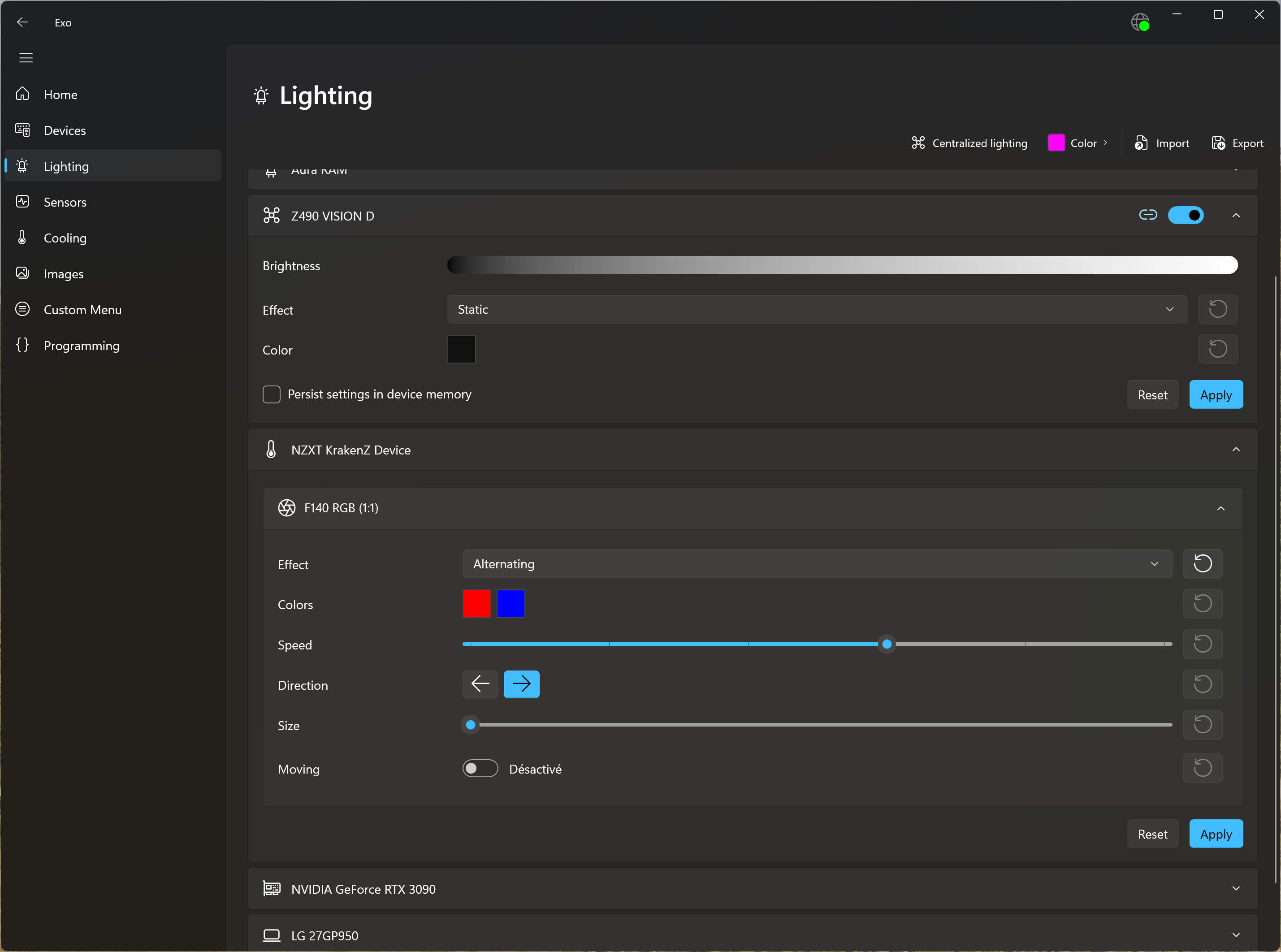 Screenshot of the Lighting page, showing a motherboard with unified lighting