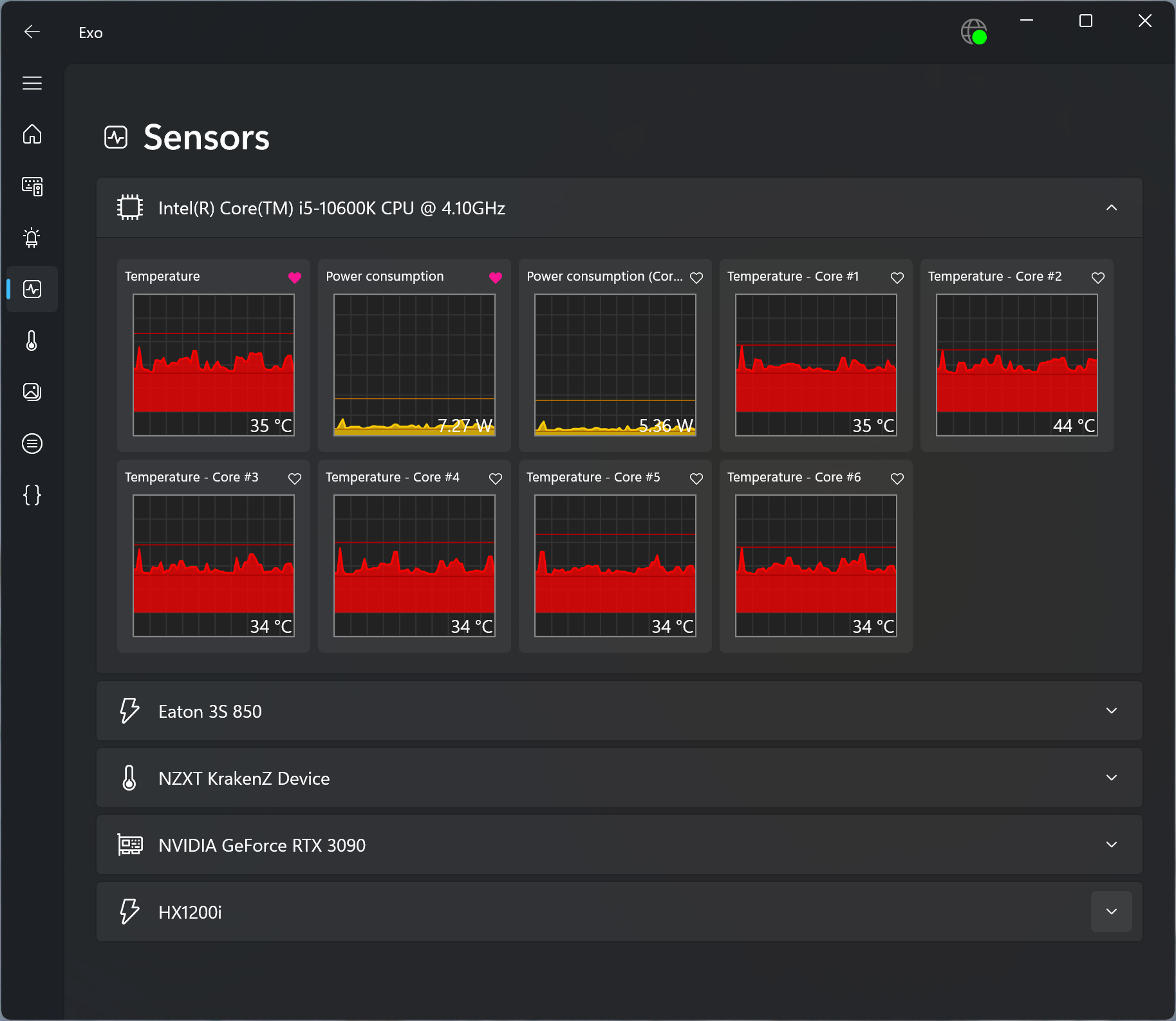 Screenshot of the Sensors page