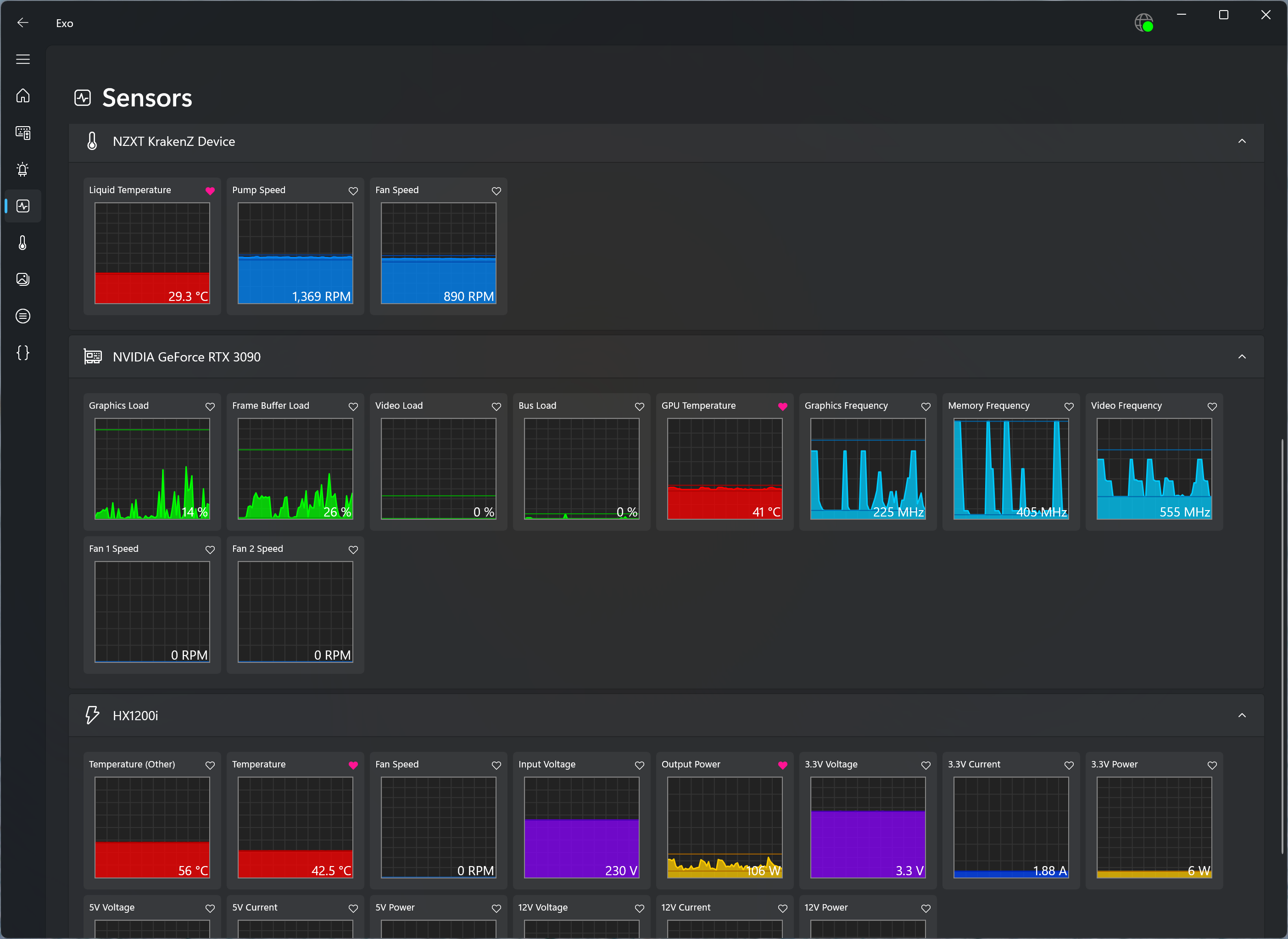 Screenshot of the Sensors page